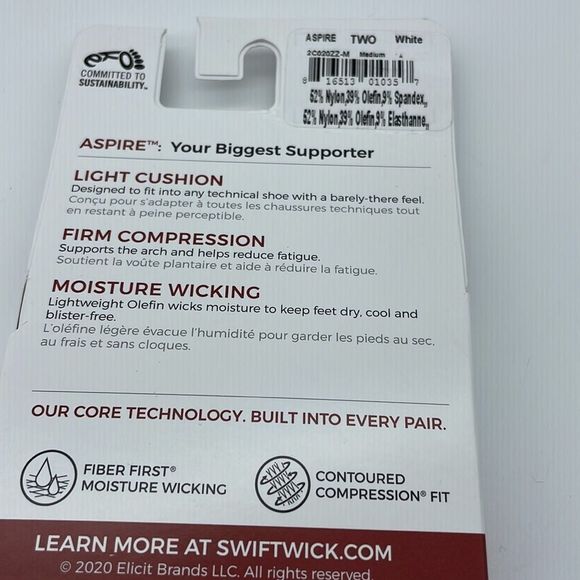 Swiftwick aspire two Quarter Crew Socks White Size Medium New - Picture 5 of 5